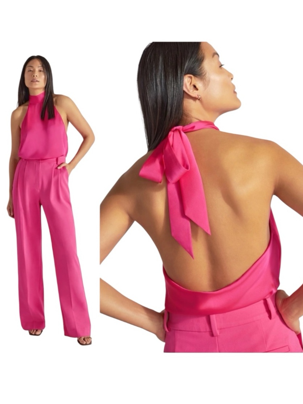 Favorite Daughter Take A Bow Satin Halter Top Pink Open Back Tie Blouse Large